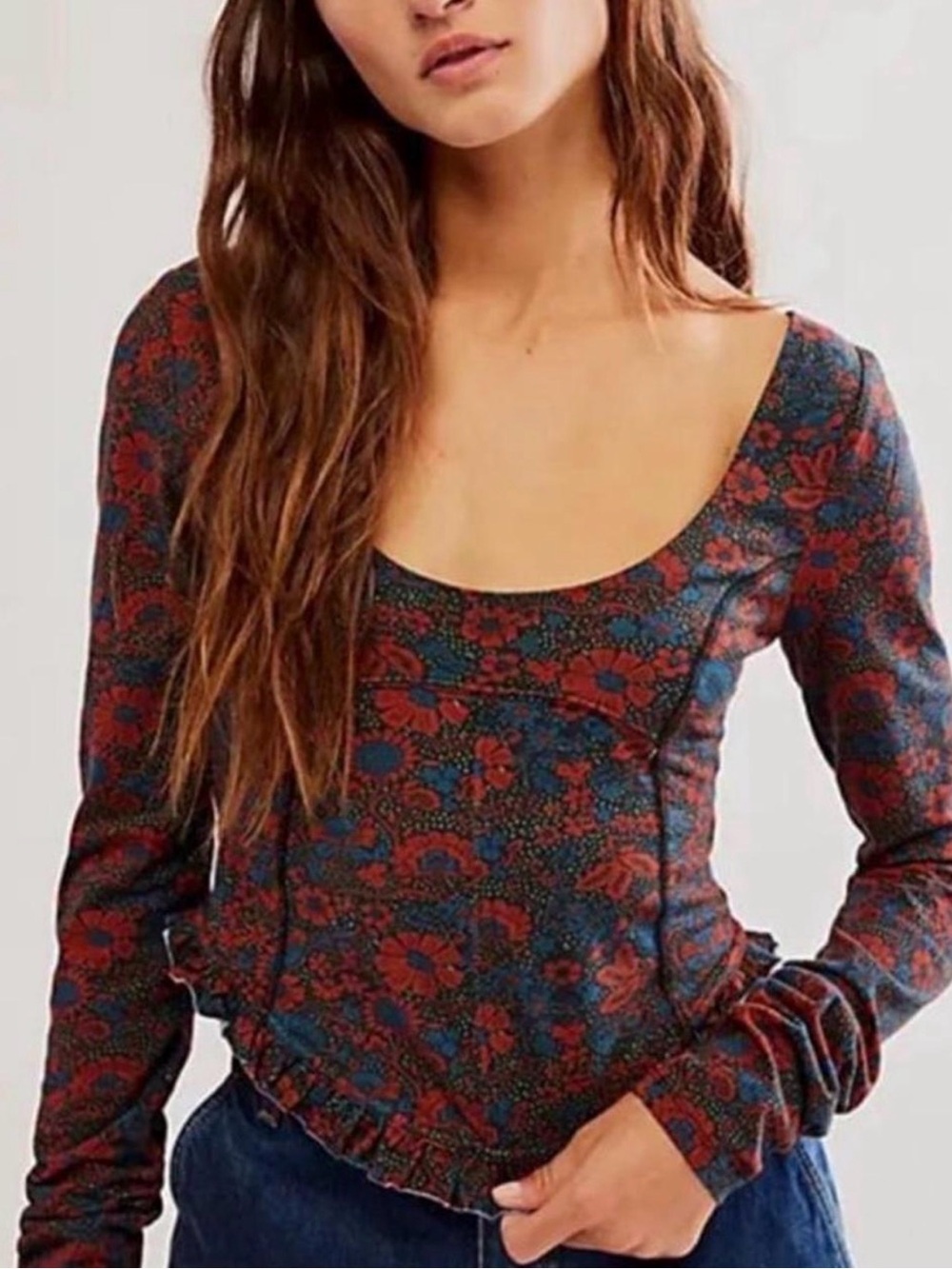 Free People Scoop Neck Floral Long Sleeve Top - Red, Blue